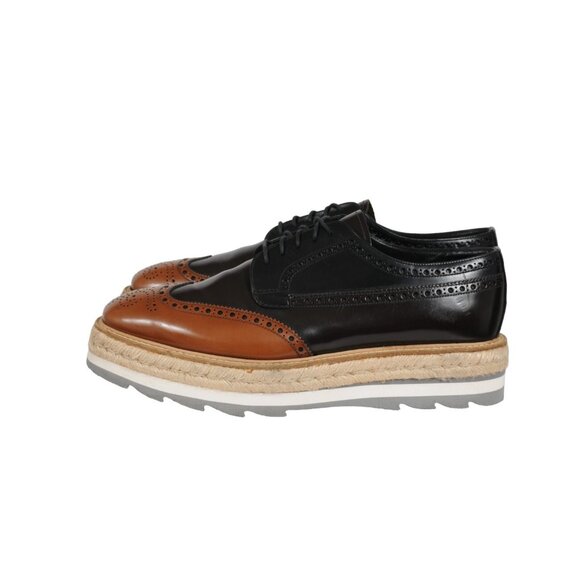 Prada Men Platform Brogue US 10 UK 9 Brown Leather Wingtip Espadrille Medallion - Picture 6 of 11